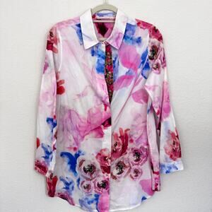 Soft Surrounding Women Button Shirt Sz M Floral Watercolor Embroider Artsy White